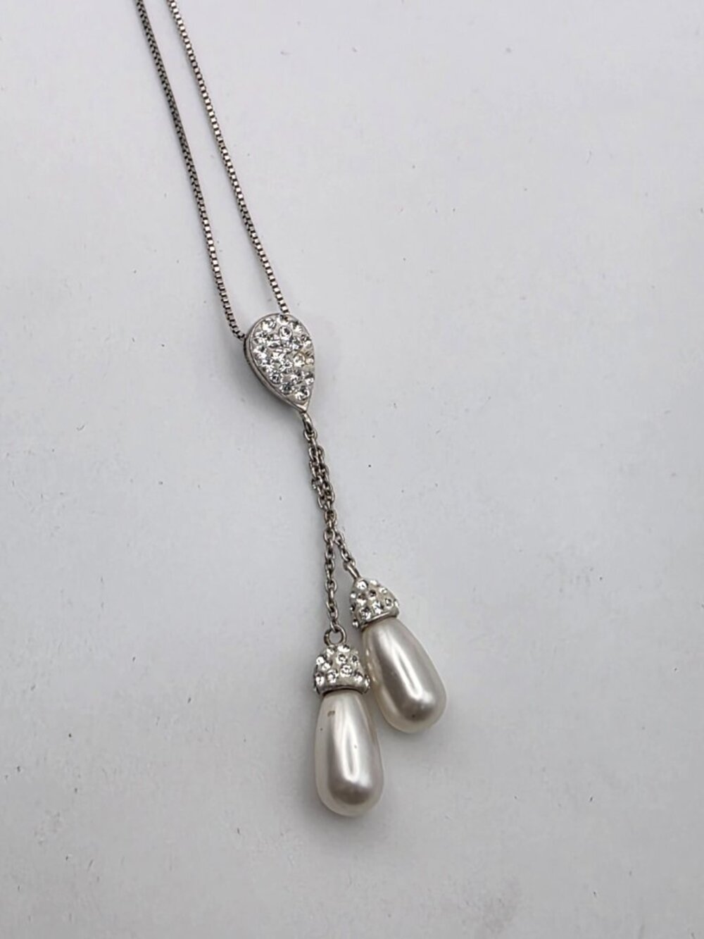 925 Sterling Silver Rhinestone Pearl Drop Y Necklace